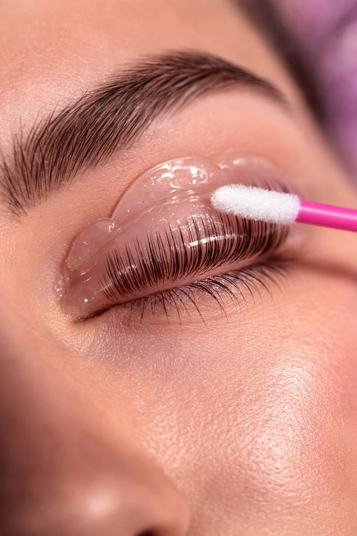 Lash lift treatment in progress with keratin gel brushed onto natural lashes