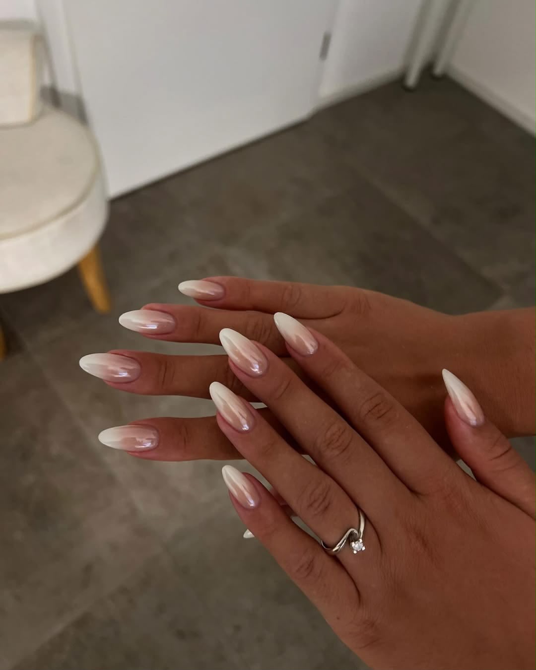 Long almond nails with pearl chrome baby boomer ombre finish