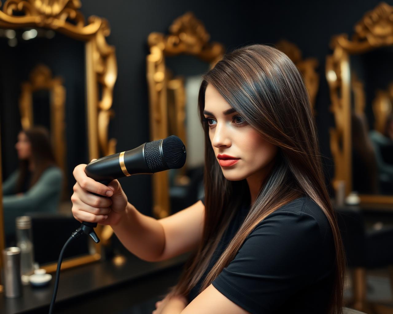 Stylist creating a sleek blowout with a round brush