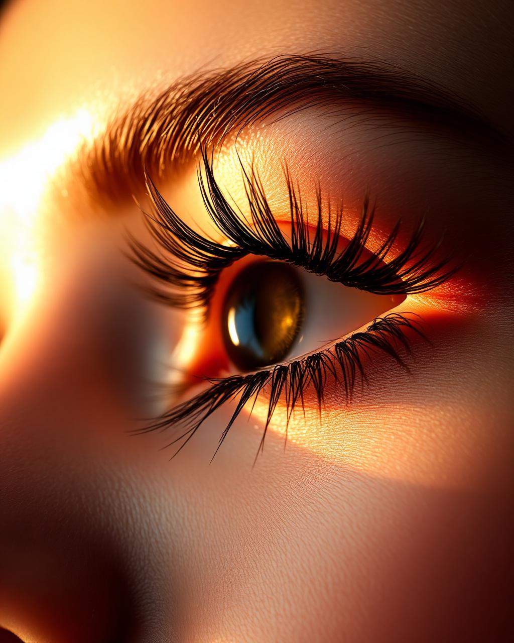 Close-up of volume eyelash extensions in warm golden light