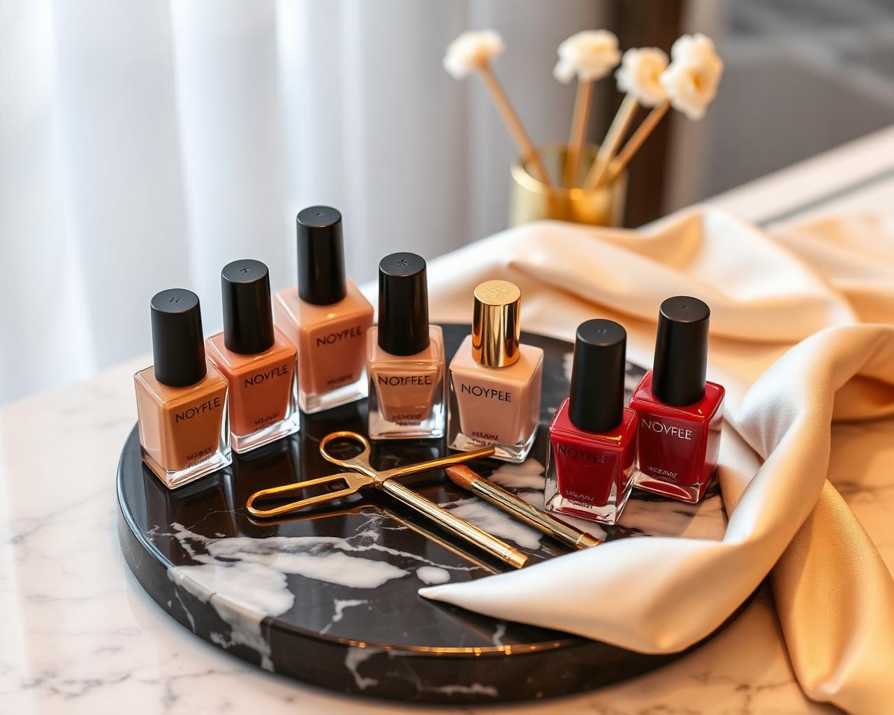 Luxury nail studio still life with nude polishes and gold tools