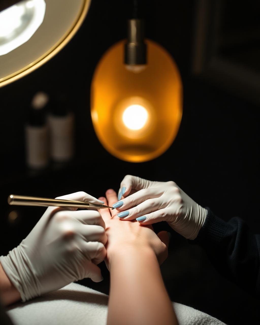 Manicurist performing a precise gel manicure under a gold lamp